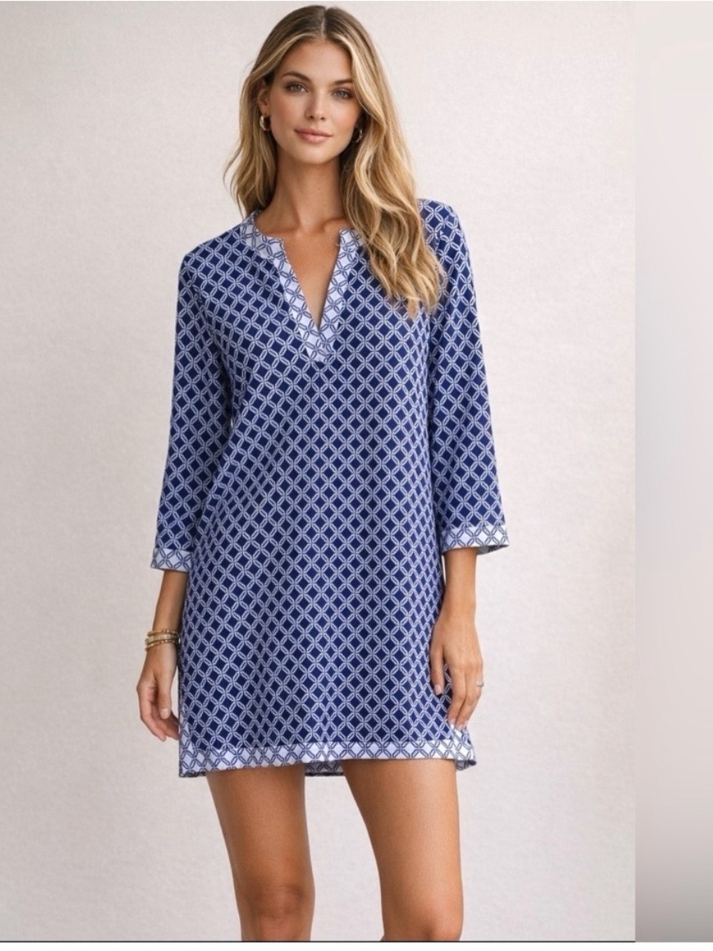 Aqua Et Sol Navy & White Geometric Print Coverup Tunic Dress UPF 50
